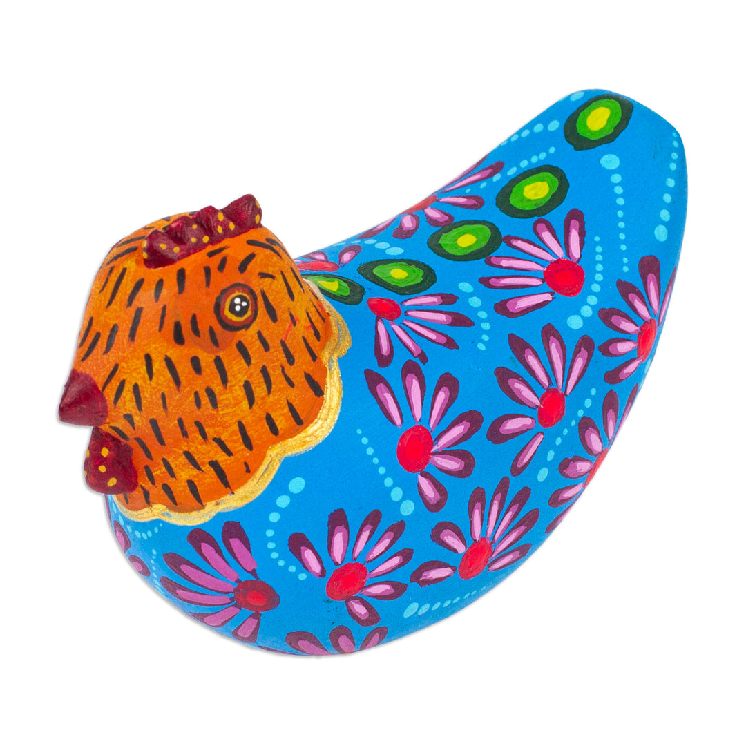 Mexican Hand-Painted Blue Orange Hen Wood Alebrije Figurine - Blue Hen