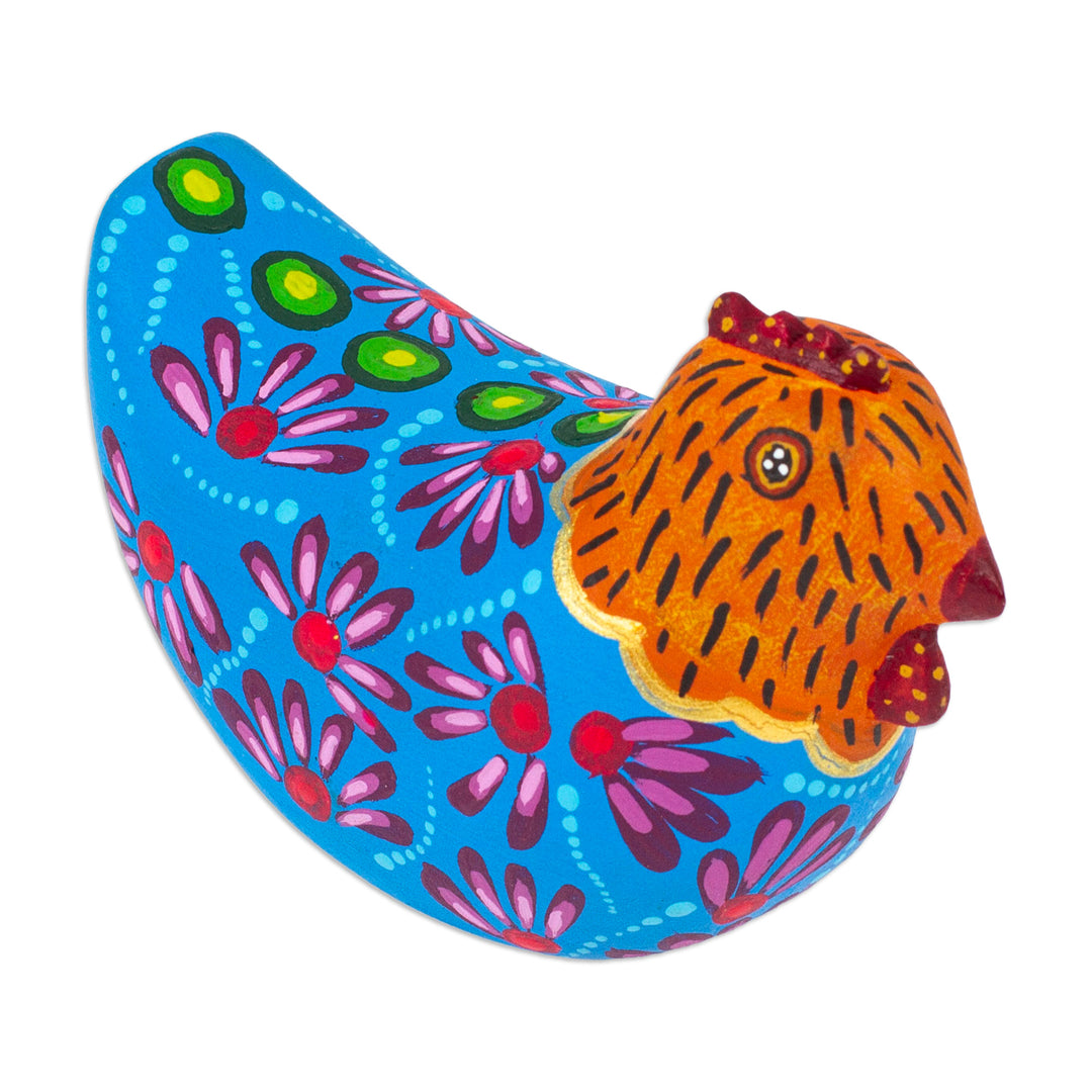 Mexican Hand-Painted Blue Orange Hen Wood Alebrije Figurine - Blue Hen