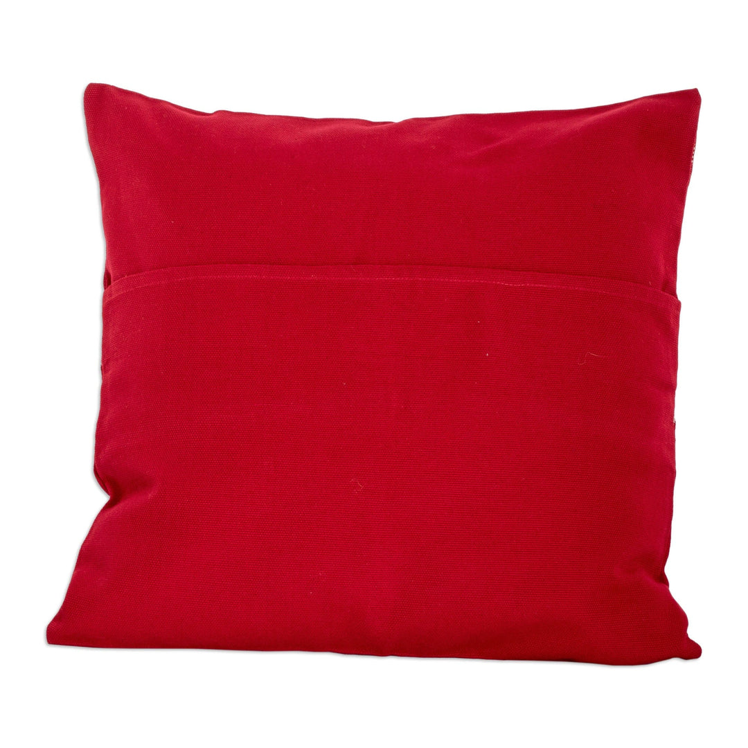 Handwoven Embroidered Poppy and White Cotton Cushion Cover - Mountains and Valleys in Poppy