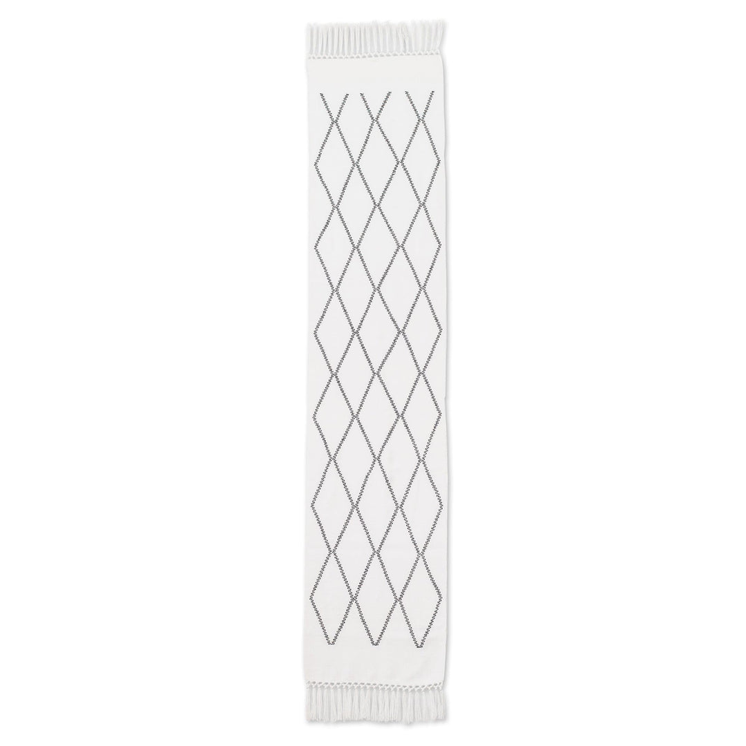 Handwoven White Cotton Table Runner with Diamond Pattern - White Diamond Paths