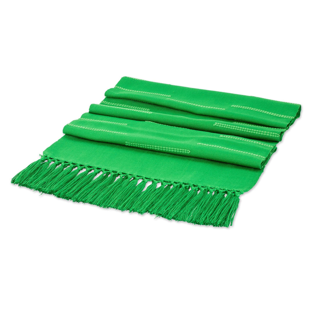 Handwoven Green Cotton Table Runner with Stripes & Fringes - Forest Victory