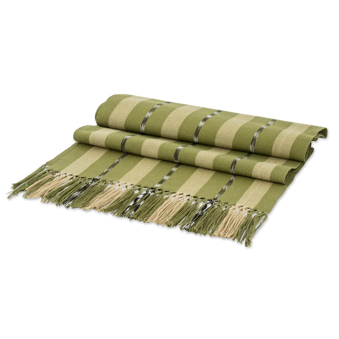 Handloomed Striped Olive Cotton Fringed Table Runner - Olive Ways to Delight