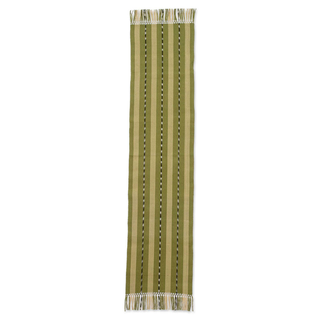 Handloomed Striped Olive Cotton Fringed Table Runner - Olive Ways to Delight