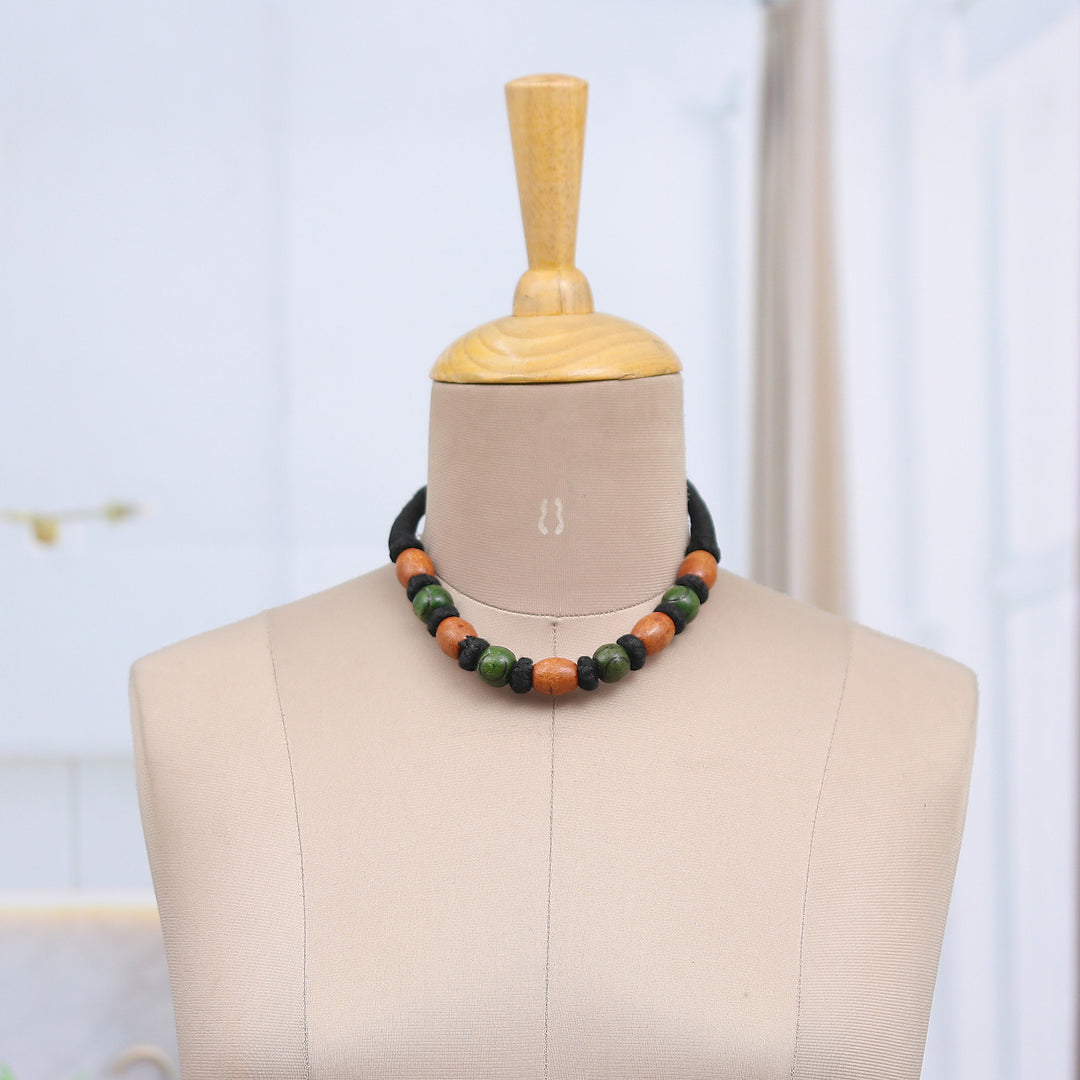 Bohemian Wood Beaded Necklace with Cotton Cord from India - Bold Fusion