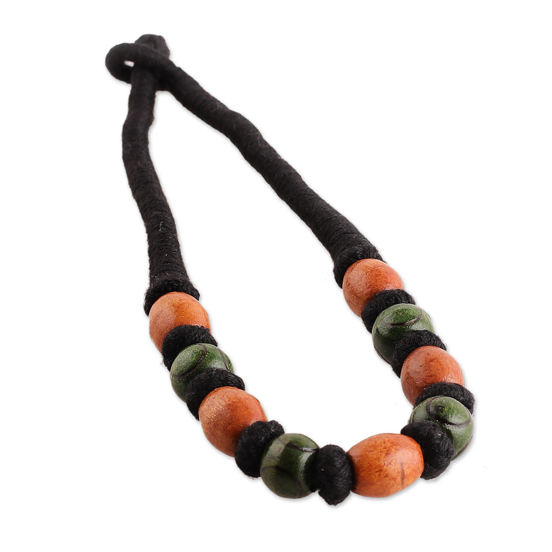 Bohemian Wood Beaded Necklace with Cotton Cord from India - Bold Fusion
