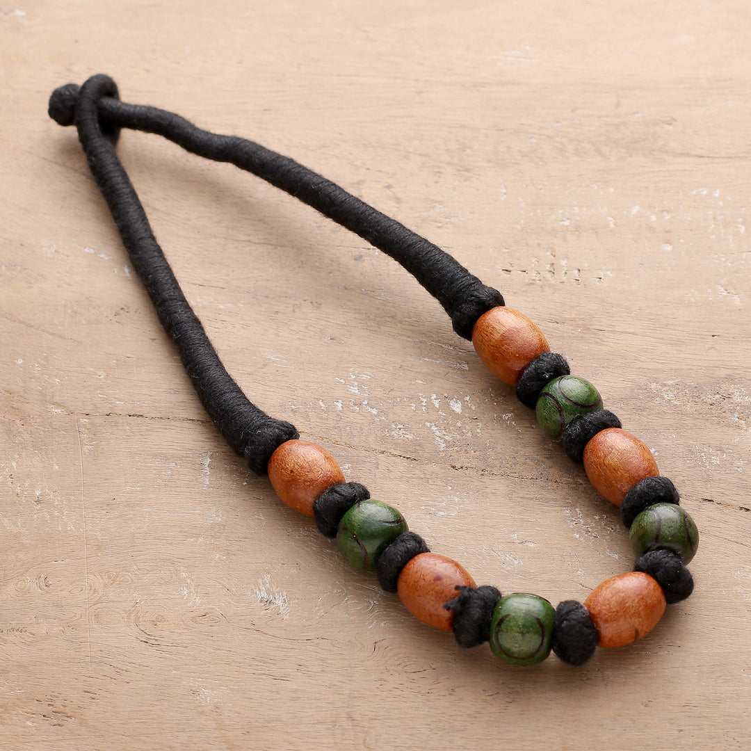 Bohemian Wood Beaded Necklace with Cotton Cord from India - Bold Fusion
