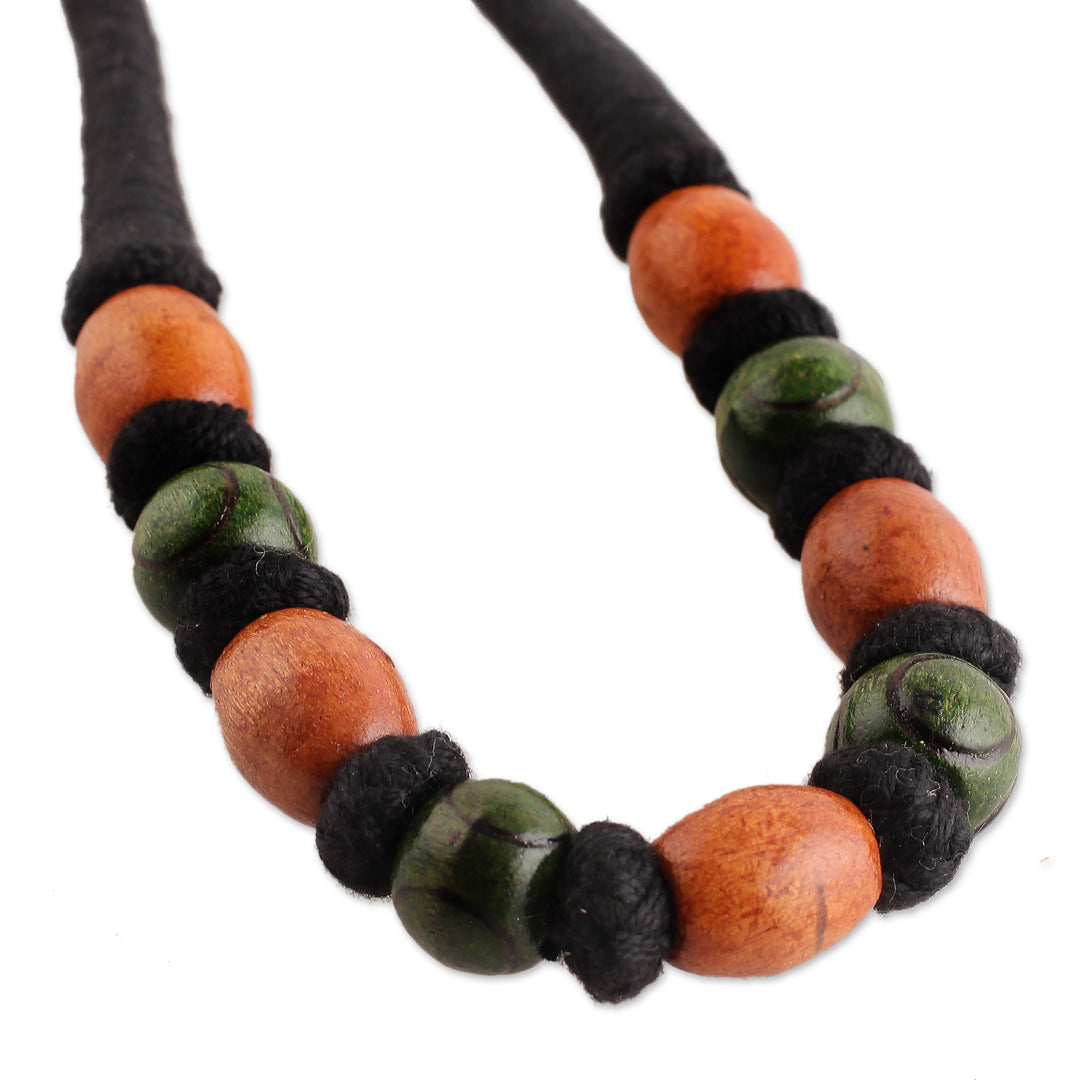 Bohemian Wood Beaded Necklace with Cotton Cord from India - Bold Fusion