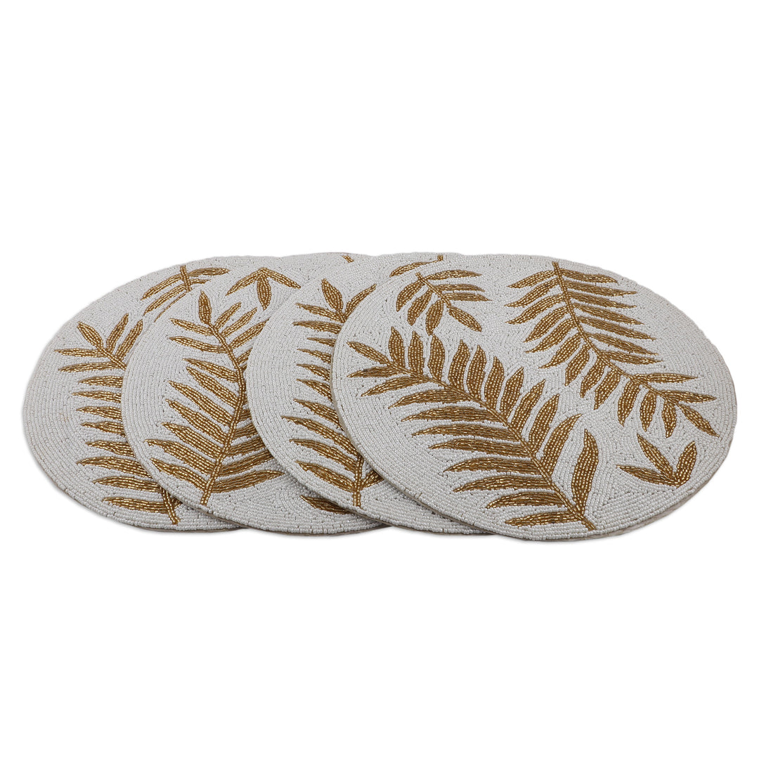 Set of 4 Leafy White and Golden Glass Beaded Placemats - Golden Dinner