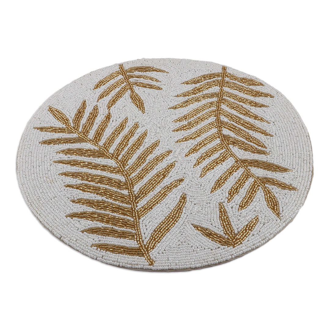 Set of 4 Leafy White and Golden Glass Beaded Placemats - Golden Dinner