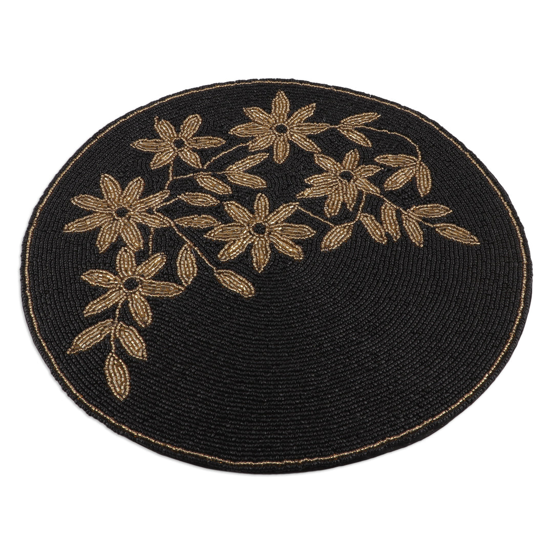 Set of 4 Floral Black and Golden Glass Beaded Placemats - Nocturnal Bouquet