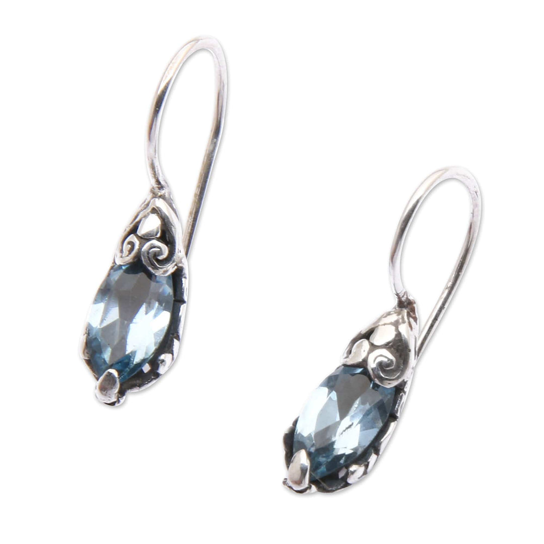 Balinese Silver Drop Earrings with Blue Topaz Gemstones - Dancing Seeds
