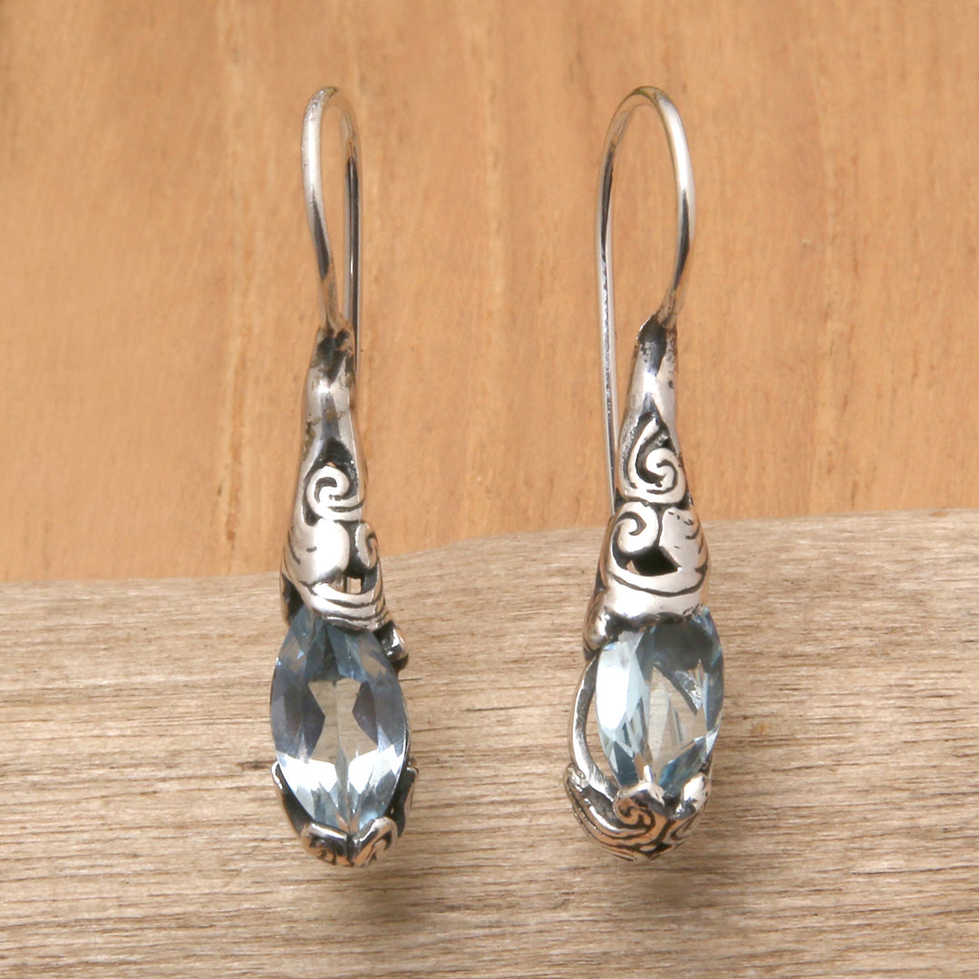 Silver Drop Earrings from Bali with Blue Topaz Stones - Seeds of Evolution