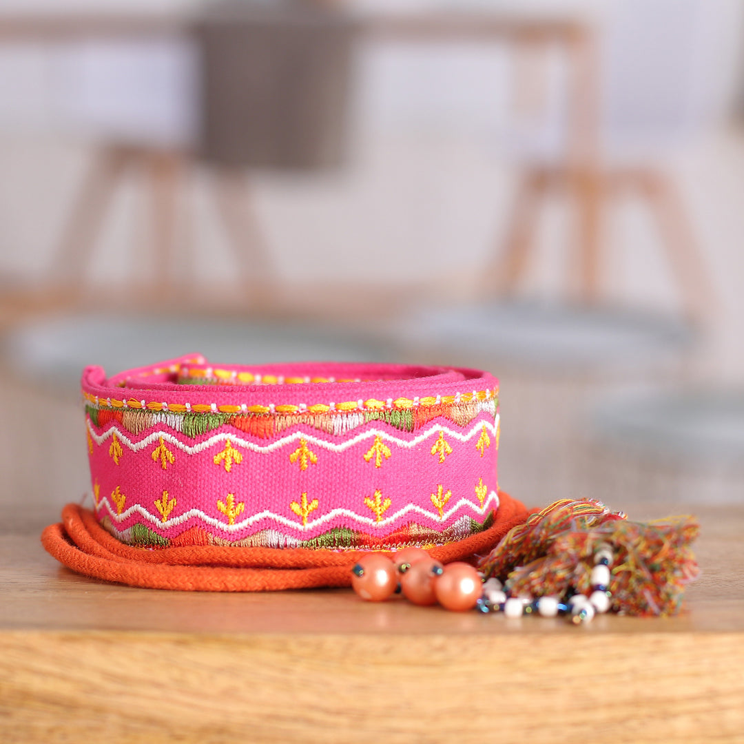 Rayon Embroidered Cerise Cotton Belt with Tassels - Cerise Tassels