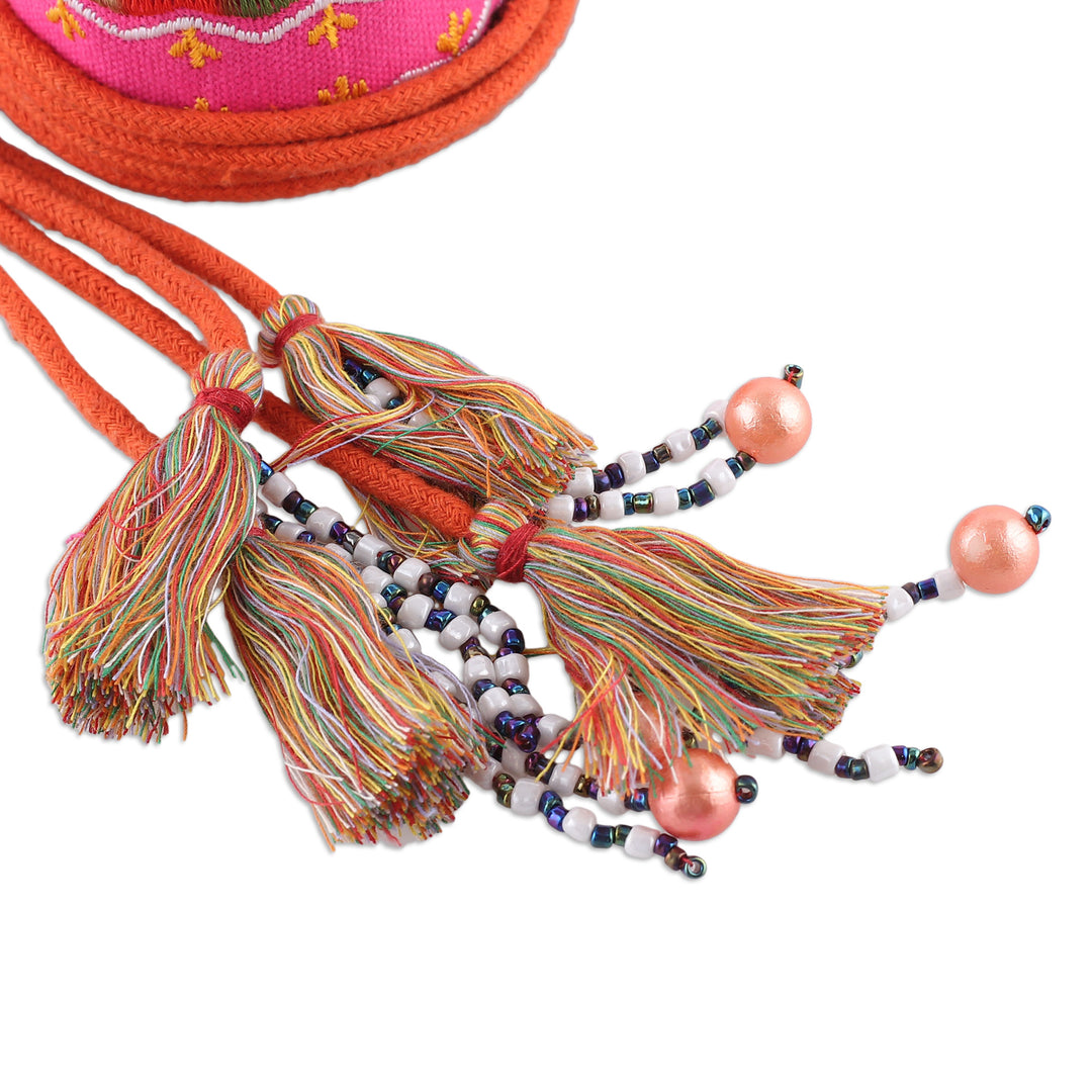 Rayon Embroidered Cerise Cotton Belt with Tassels - Cerise Tassels