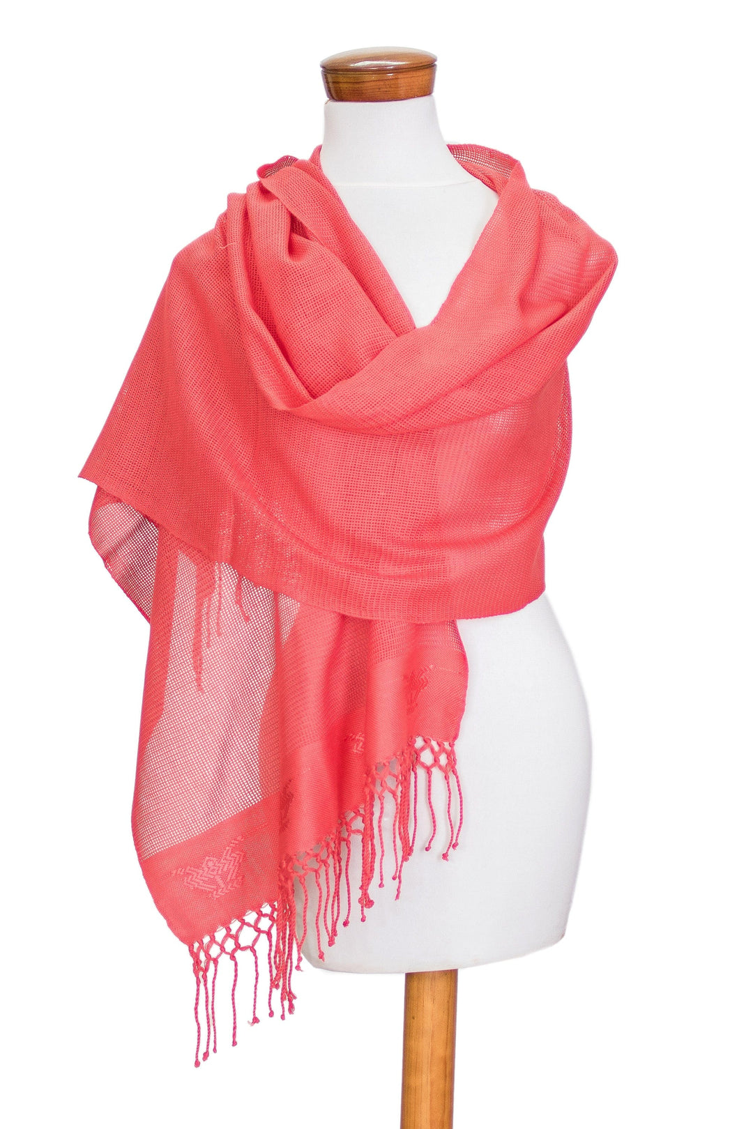 Handloomed Floral Pink Rayon Shawl with Fringes - Pink Blooming