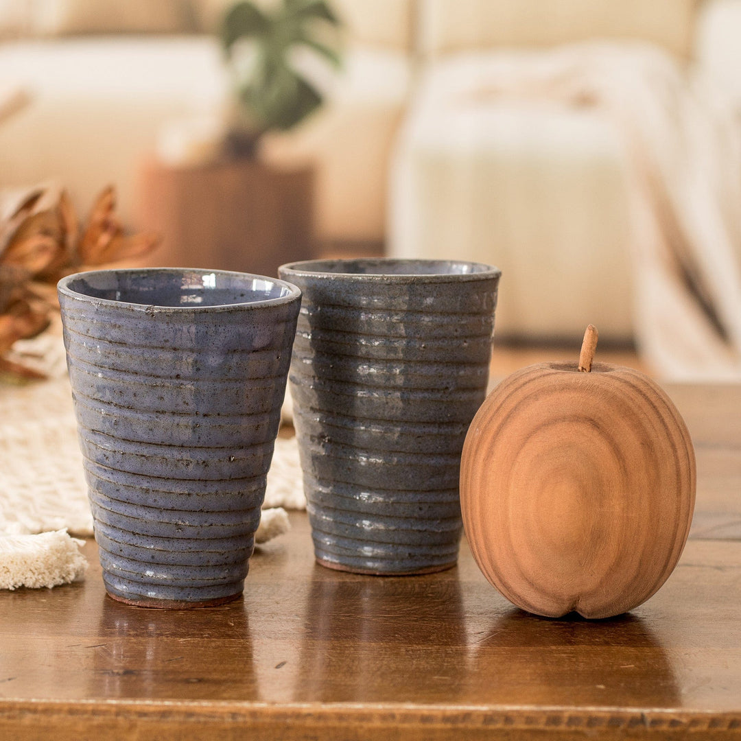 Pair of Shabby Chic Ceramic Cups in Blue and Brown - Bluish Depth