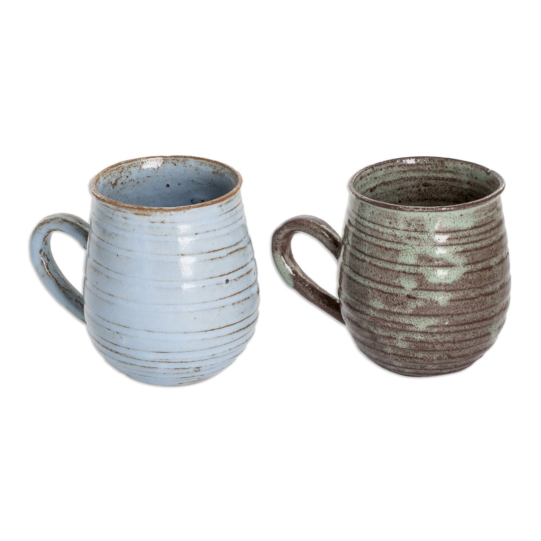 Set of 2 Handmade Striped Sky Blue and Green Ceramic Mugs - Cozy Aroma