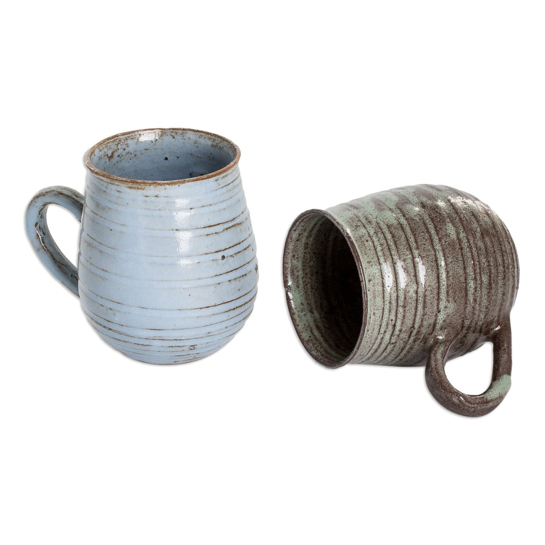 Set of 2 Handmade Striped Sky Blue and Green Ceramic Mugs - Cozy Aroma