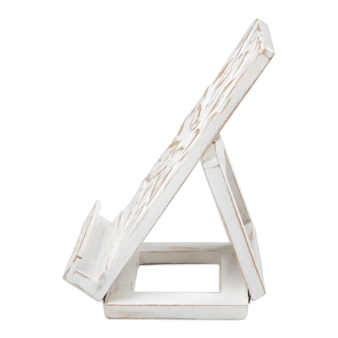 Distressed Wood Tablet Stand with Lotus Flower Motif - Magical Lotus