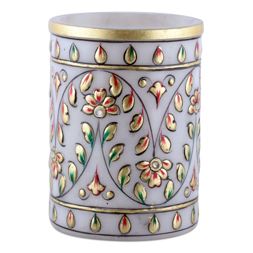 Hand-Painted Floral Golden-Toned Marble Pen Holder - Garden Visions