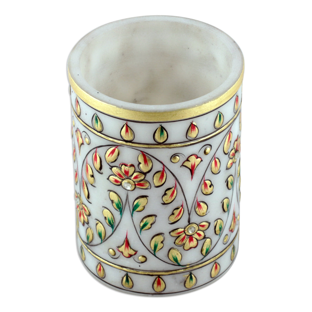 Hand-Painted Floral Golden-Toned Marble Pen Holder - Garden Visions