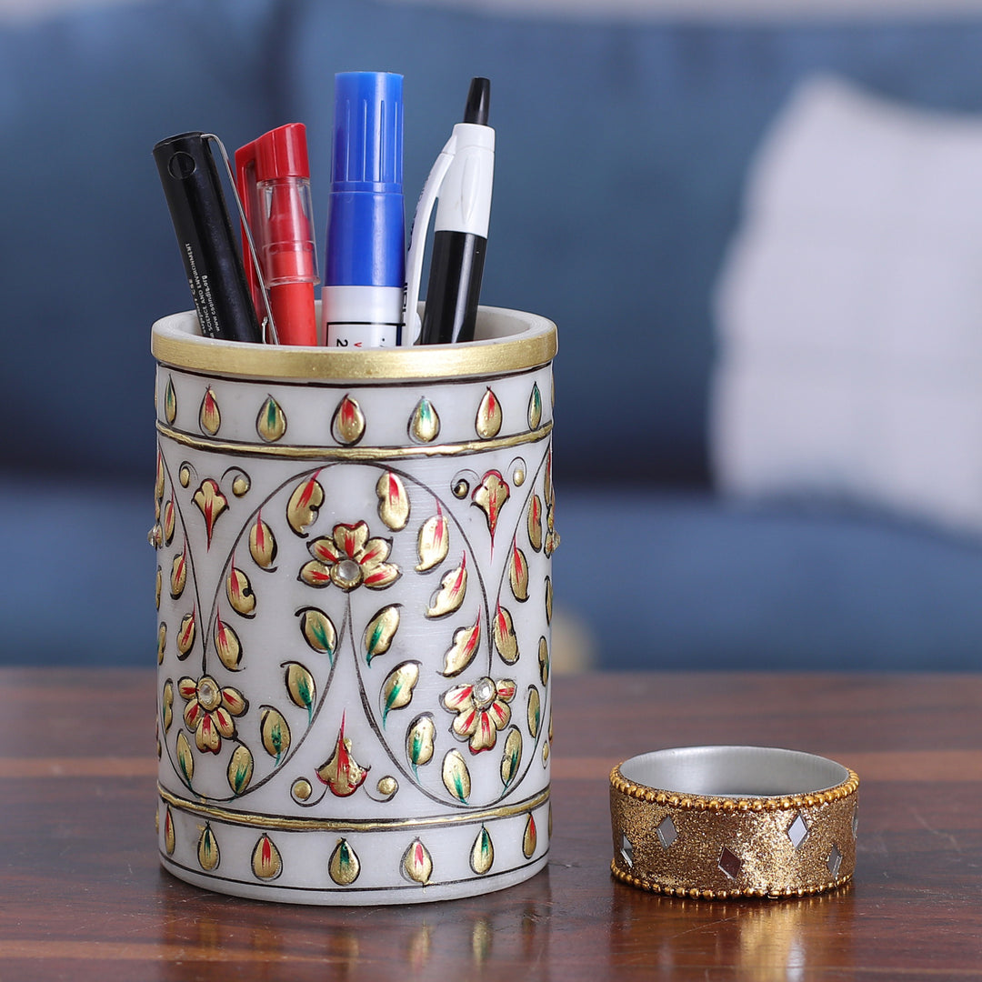 Hand-Painted Floral Golden-Toned Marble Pen Holder - Garden Visions
