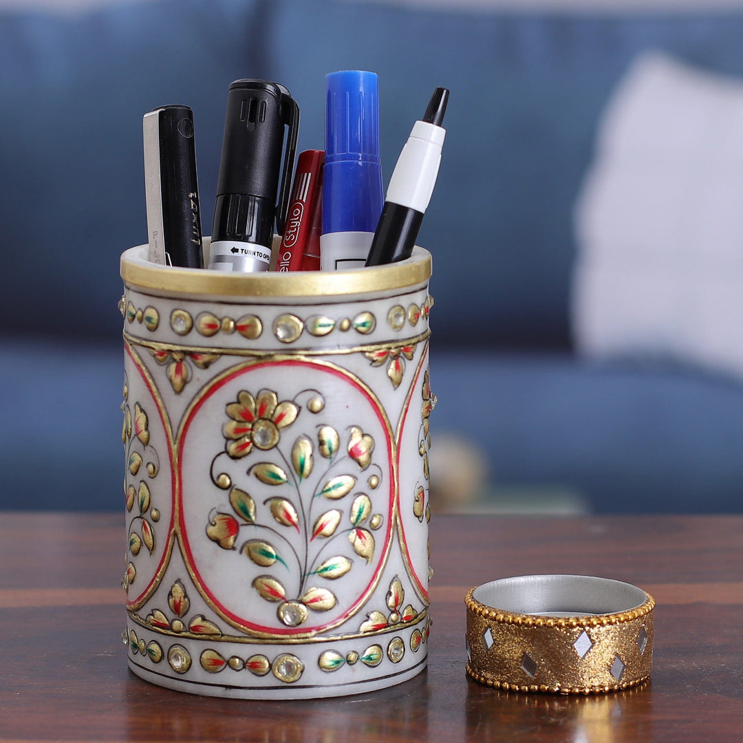 Classic Floral Golden and Red Marble Pen Holder from India - Utopian Space