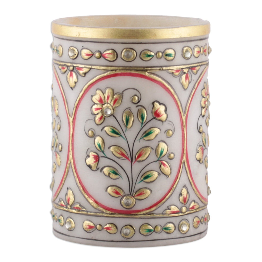 Classic Floral Golden and Red Marble Pen Holder from India - Utopian Space