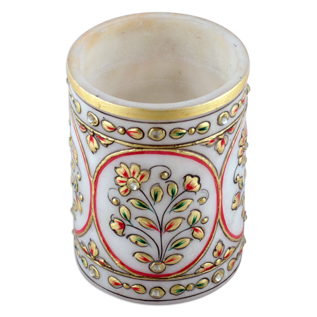 Classic Floral Golden and Red Marble Pen Holder from India - Utopian Space