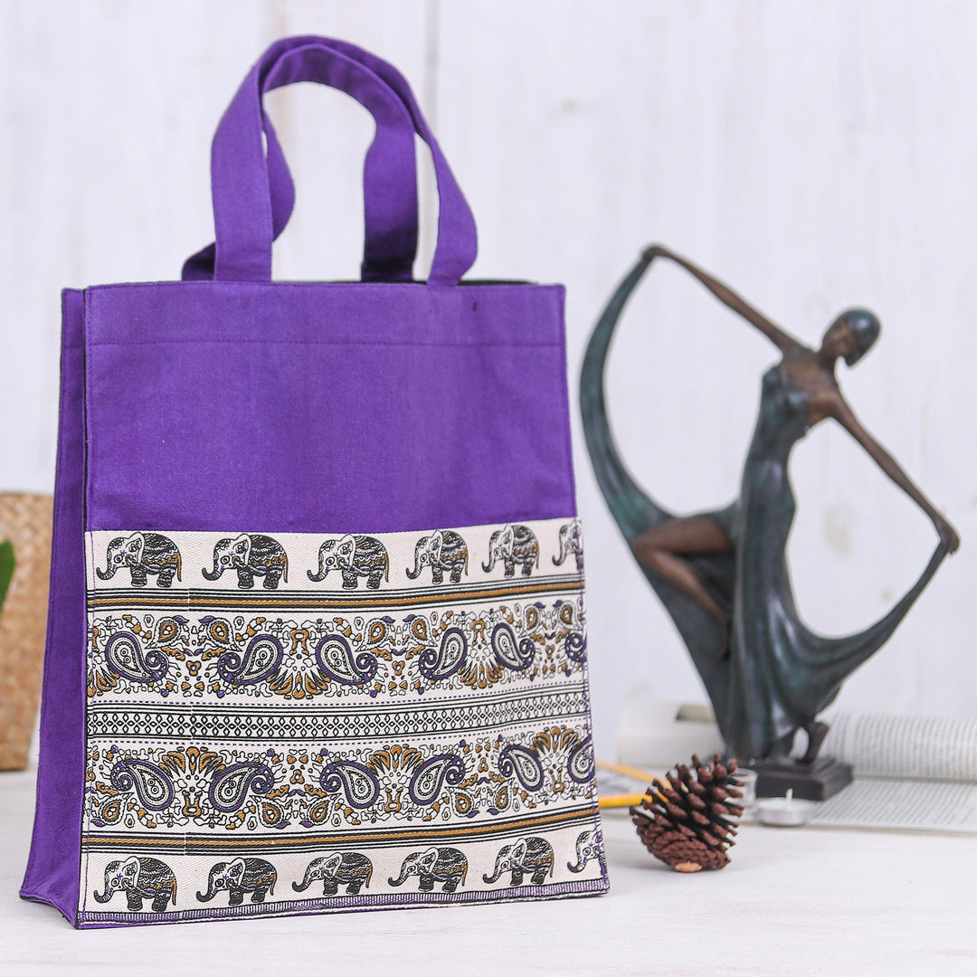 Elephant and Paisley Printed Cotton Tote Bag in Purple - Purple Day