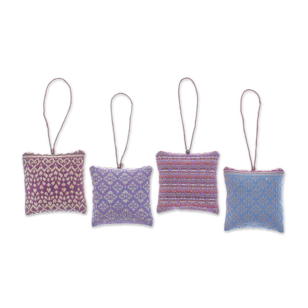 Set of 4 Cat-Themed Cotton Ornaments with Aluminum Bells - Feline Cushions