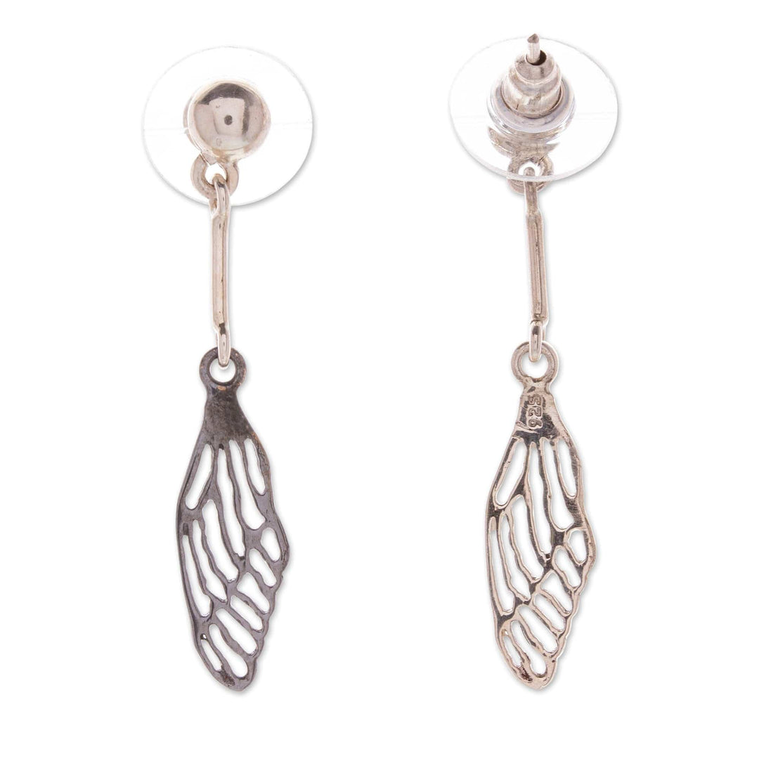 Polished and Oxidized Sterling Silver Wing Dangle Earrings - Fluttering Sides