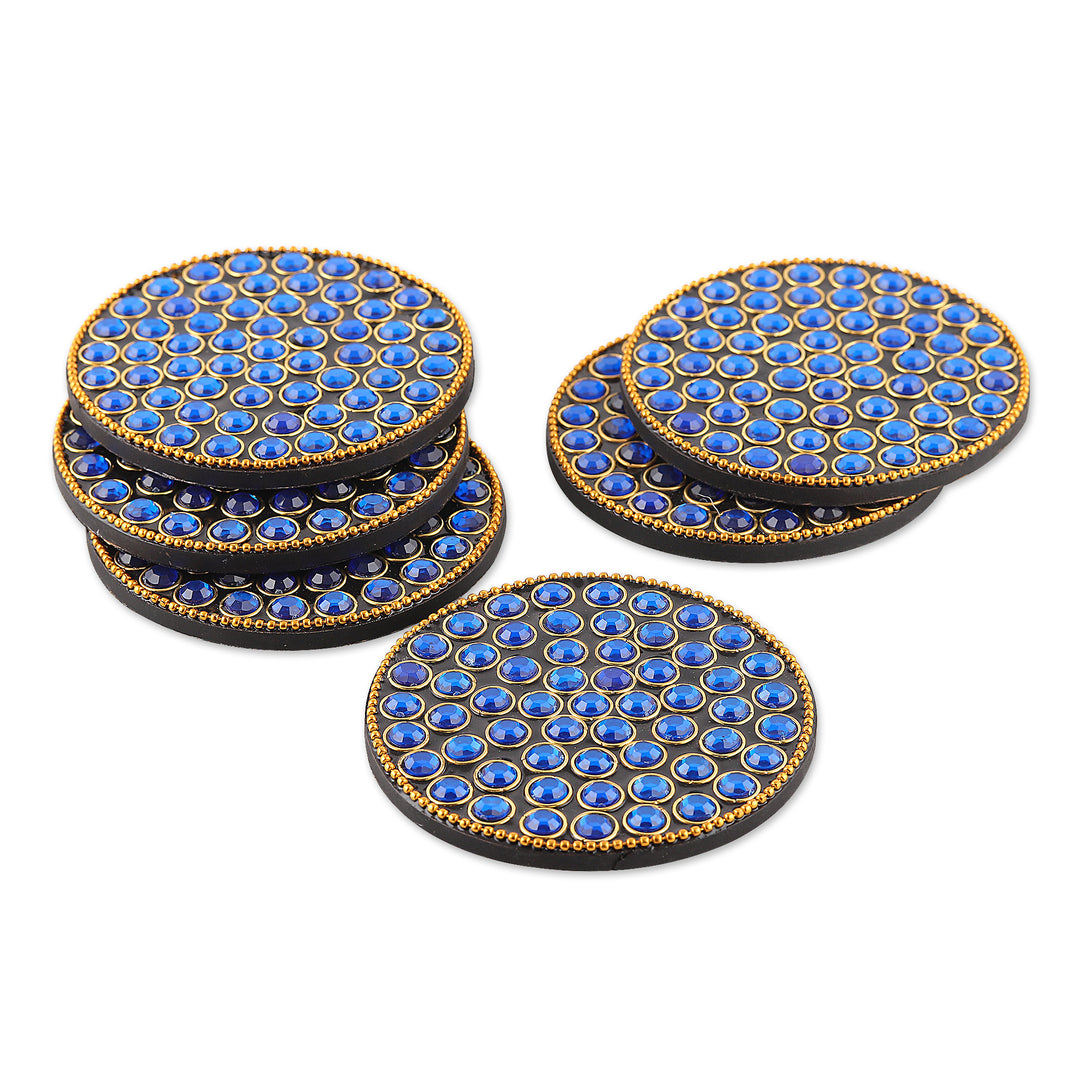Set of 6 Blue Beaded Wood and Resin Coasters from India - Royal Glitz
