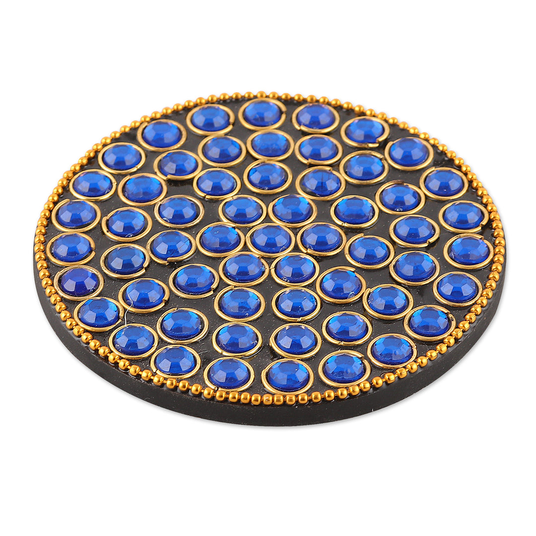 Set of 6 Blue Beaded Wood and Resin Coasters from India - Royal Glitz