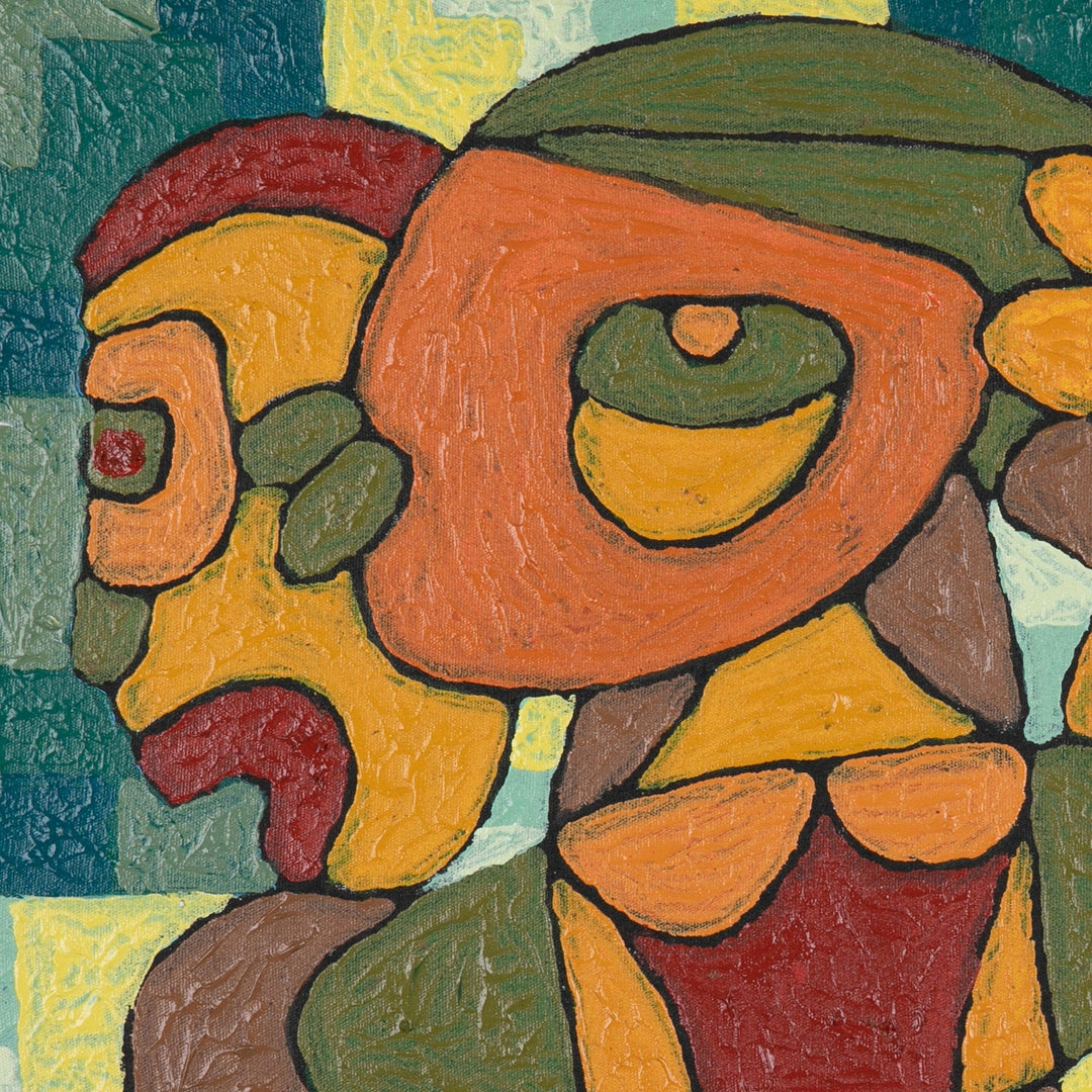 Balinese Acrylic on Canvas Painting in Orange and Green Hues - Strongest Human