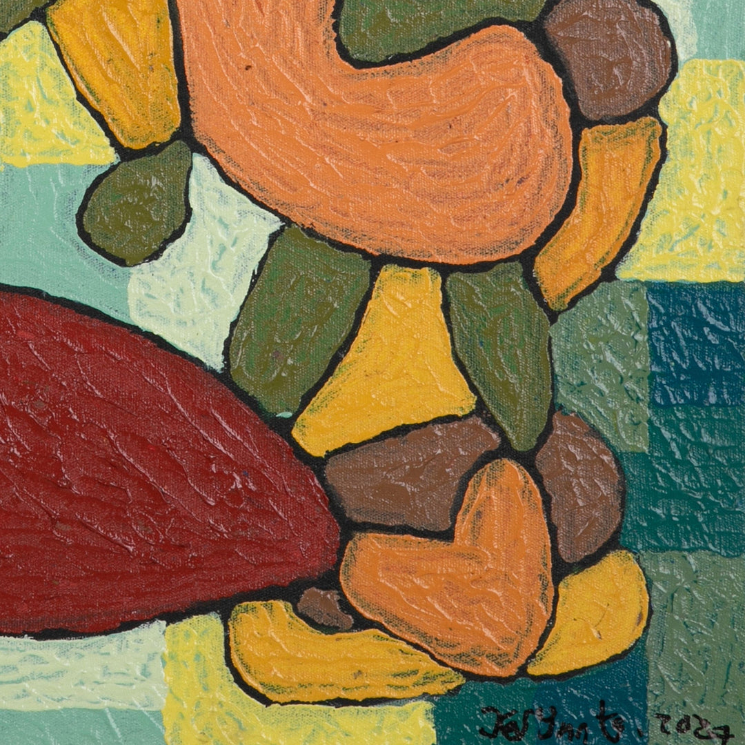 Balinese Acrylic on Canvas Painting in Orange and Green Hues - Strongest Human