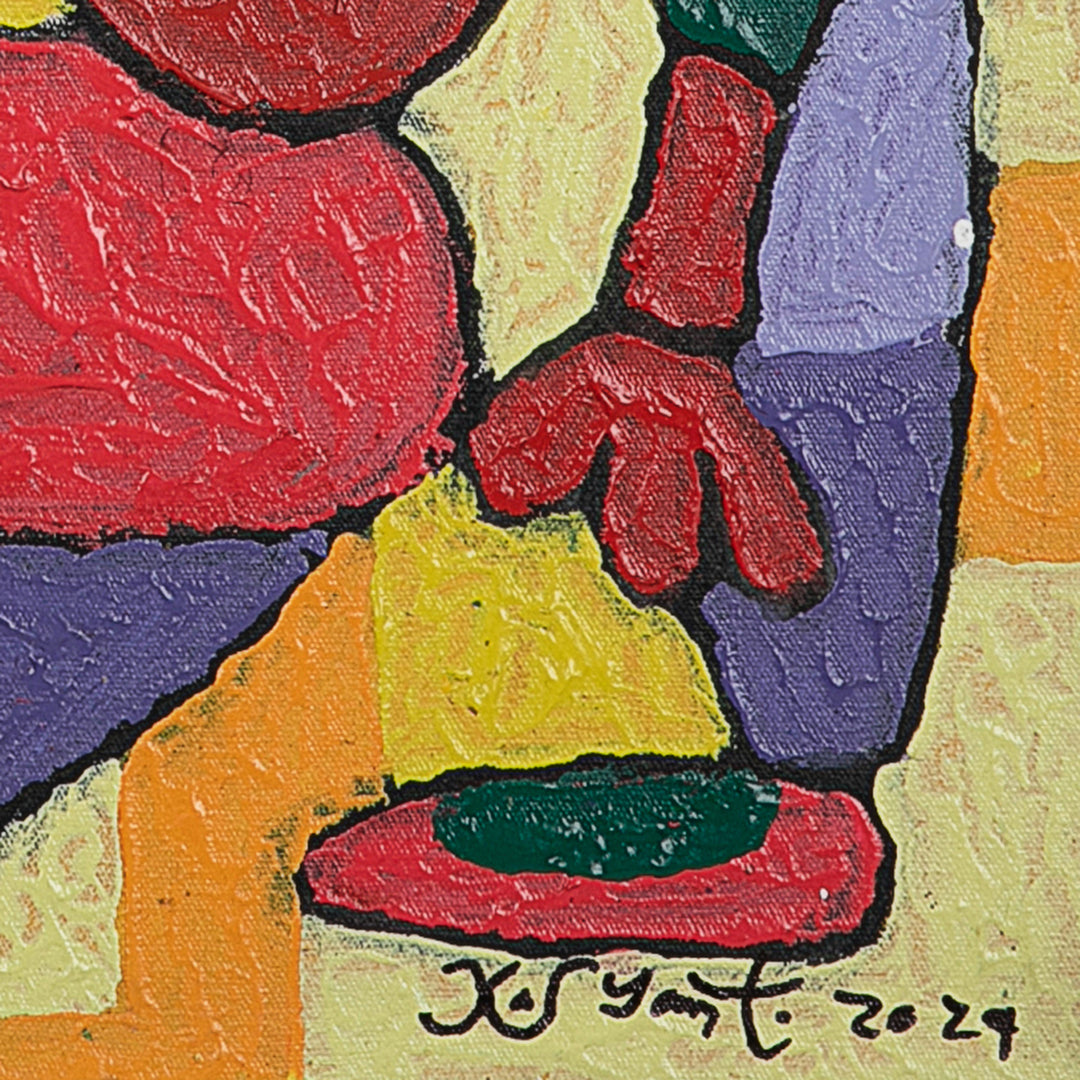 Signed Folk Art Red and Yellow Acrylic Painting from Bali - Shape of Deformasi IV