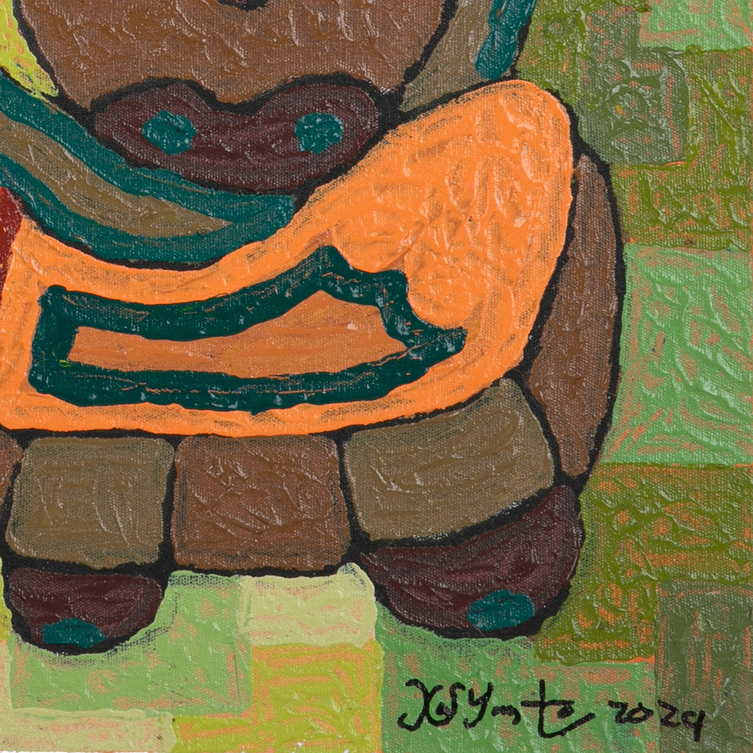 Signed Folk Art Green and Brown Acrylic Painting from Bali - Shape of Deformasi V