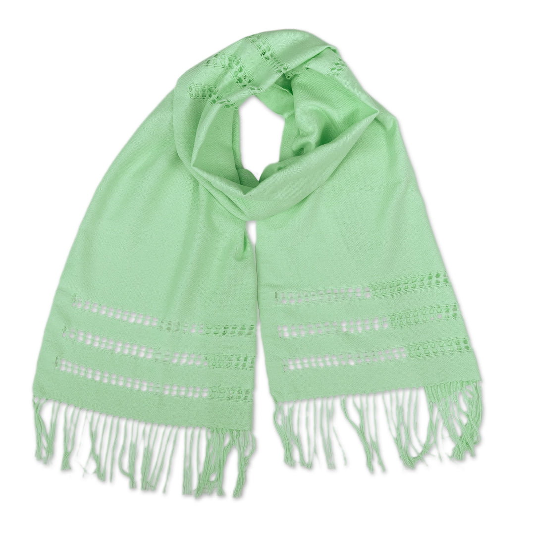 Handloomed Mint Green Fringed Cotton Scarf from Peru - Bright Mint