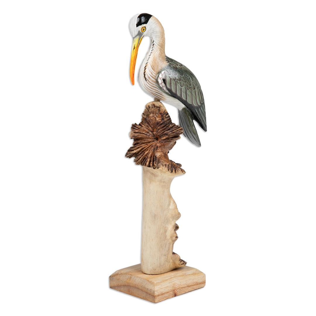 Hand-Painted Nature-Themed Wood Sculpture of a Crane - Crane Scene