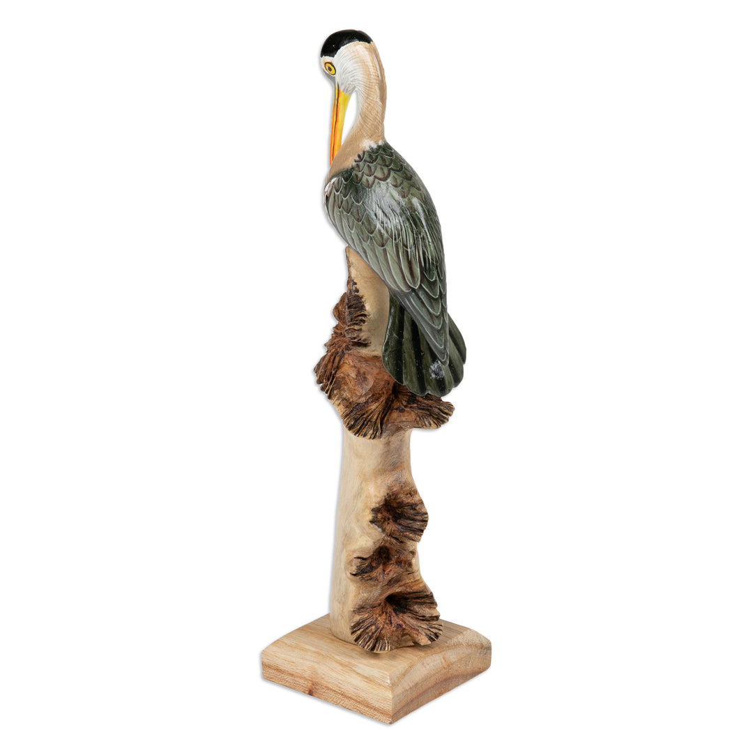 Hand-Painted Nature-Themed Wood Sculpture of a Crane - Crane Scene