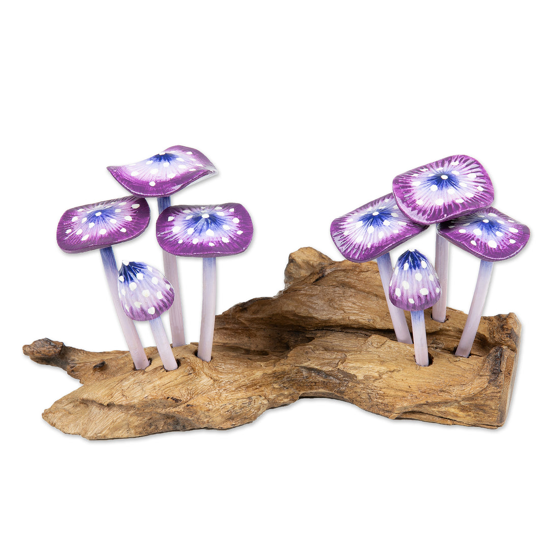 Handcrafted Nature-Themed Purple Mushroom Wood Sculpture - Purple Tropic