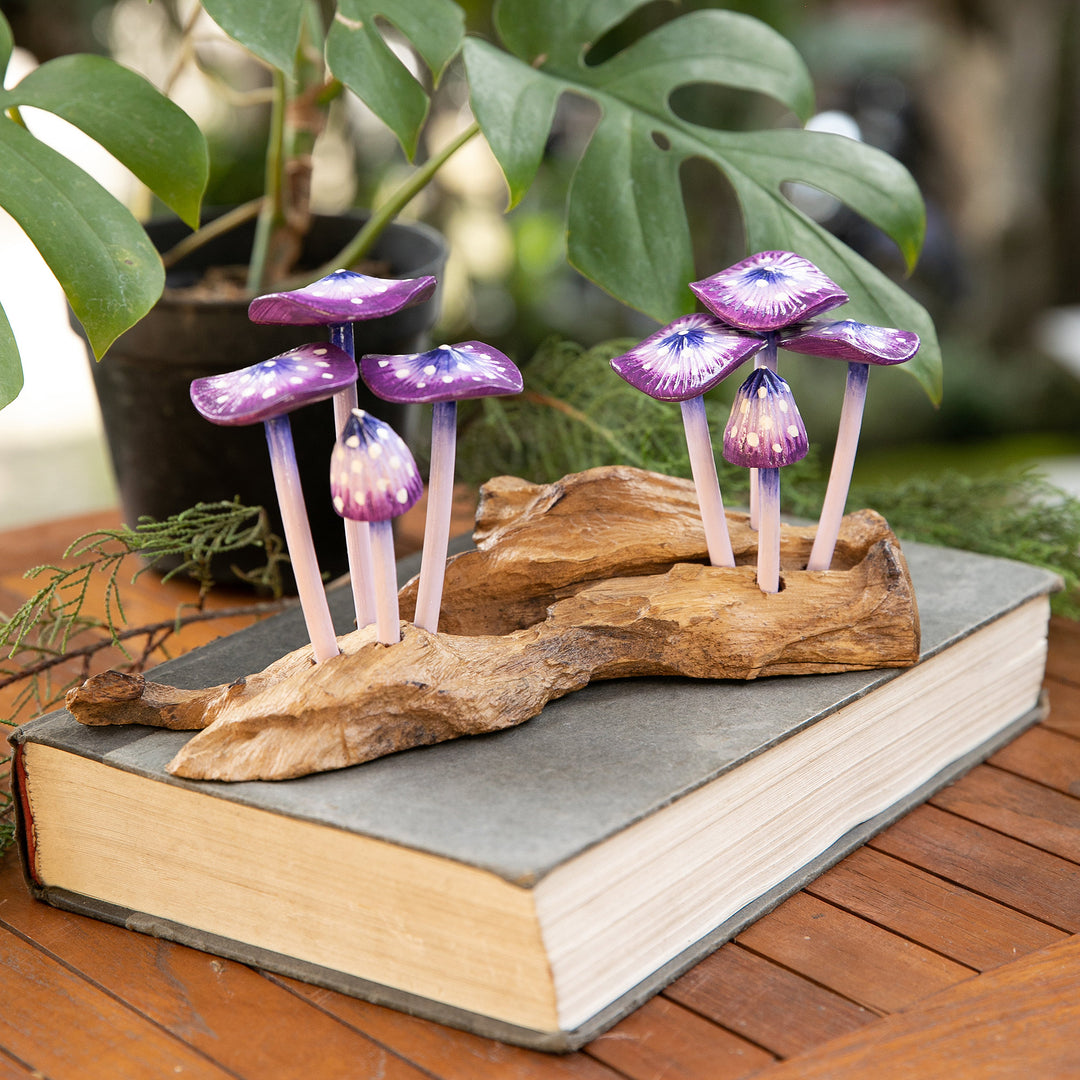 Handcrafted Nature-Themed Purple Mushroom Wood Sculpture - Purple Tropic