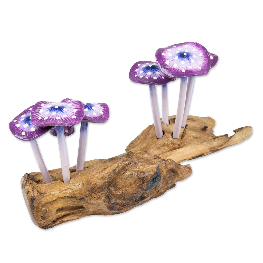 Handcrafted Nature-Themed Purple Mushroom Wood Sculpture - Purple Tropic