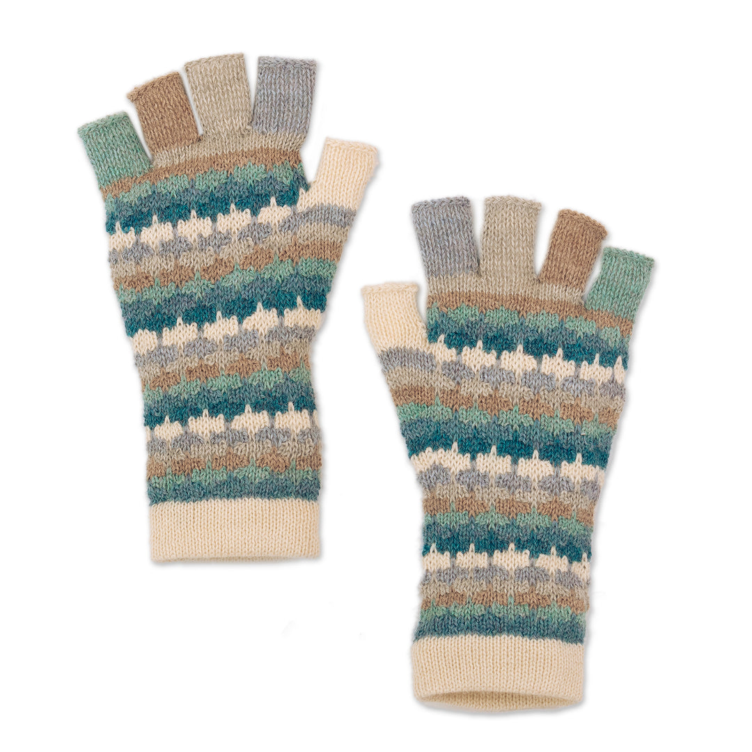 Knit Ivory Blue and Grey 100% Baby Alpaca Fingerless Gloves - Teal Colorful Life