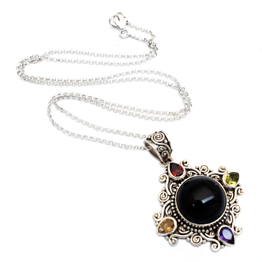 Multi-Gemstone Sterling Silver Hand-Carved Pendant Necklace - Rainbow in the Dark
