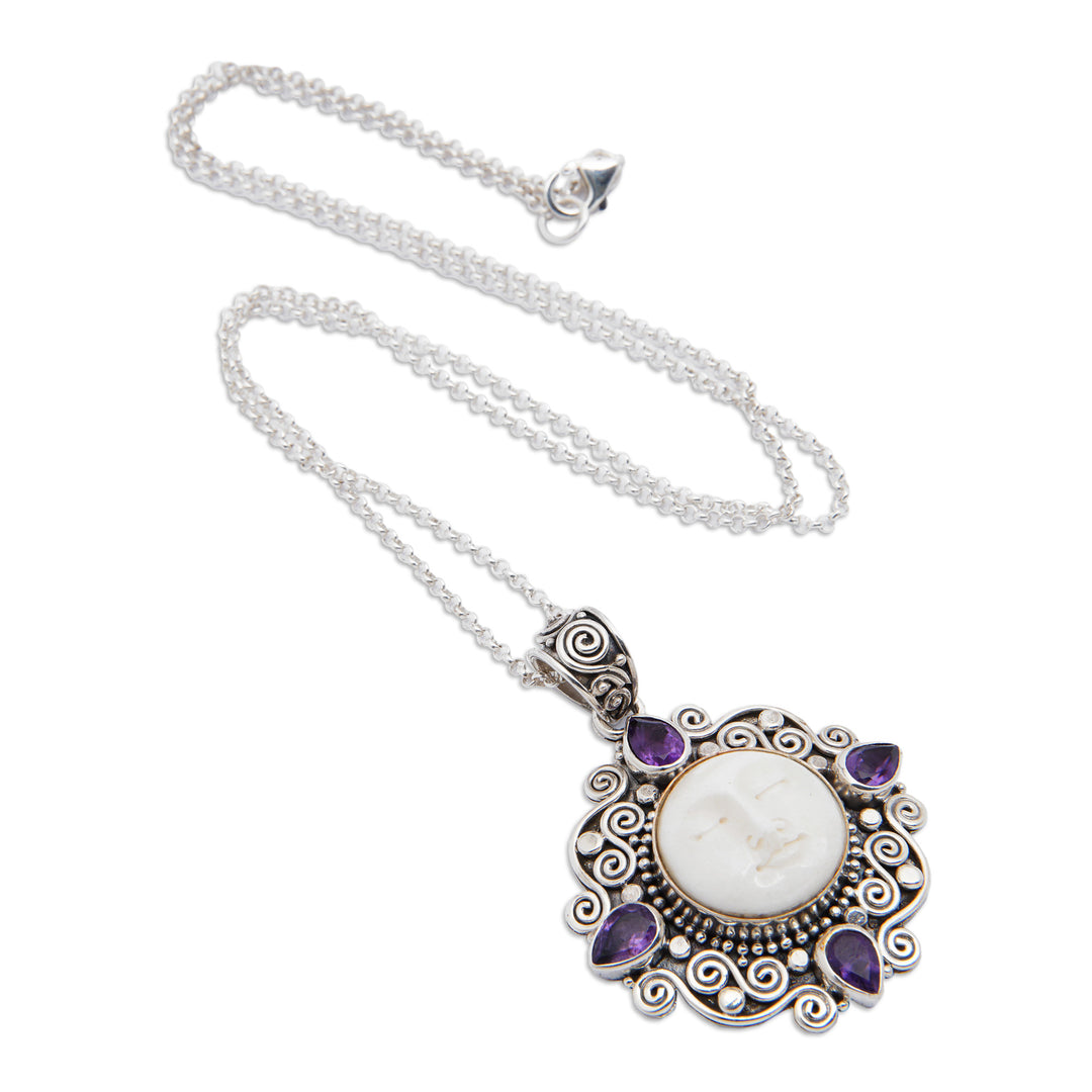 Sterling Silver Amethyst Necklace with Carved Moon Pendant - Dreamy Moon