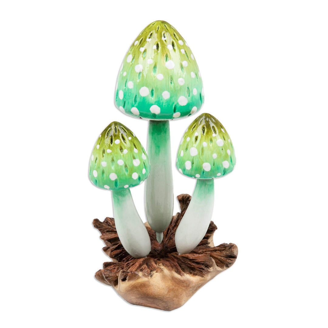 Green Mushroom-Themed Jempinis and Benalu Wood Sculpture - Harmonious Forest