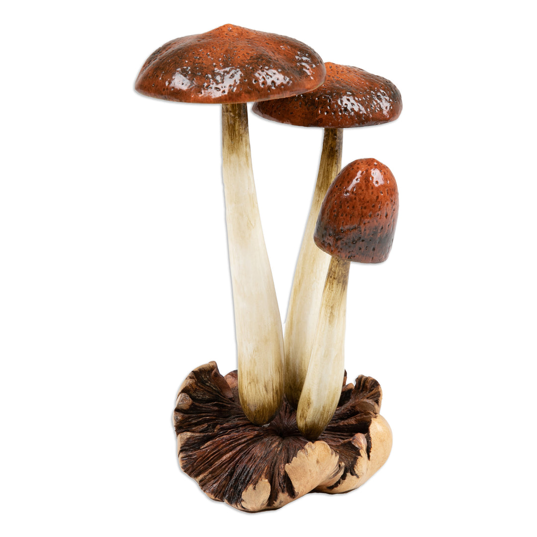 Hand-Painted Wood Sculpture with Mushroom Motifs from Bali - Wild Suillus Mushroom