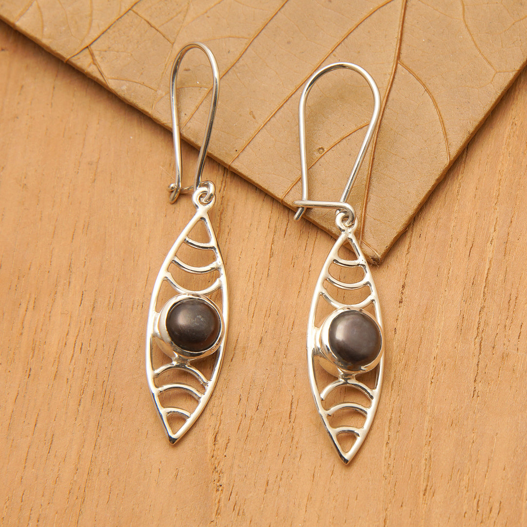 Sterling Silver Dangle Earrings with Black Cultured Pearls - Surf Style